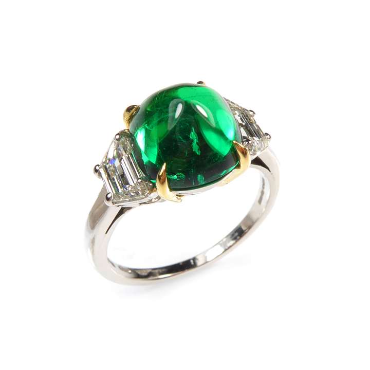 Single stone cabochon emerald and diamond ring